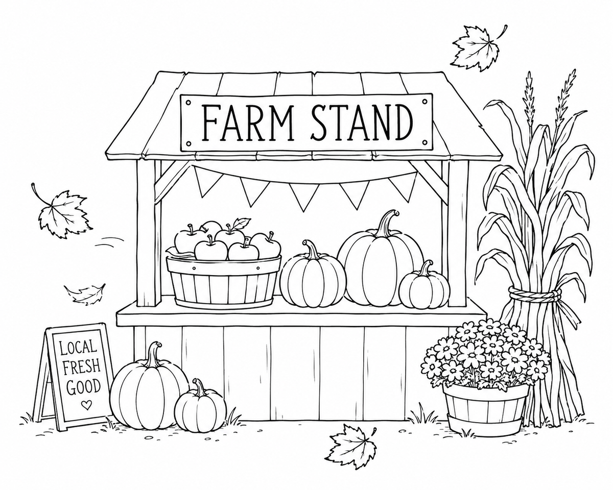 Fall farm stand embroidery pattern with pumpkins, apples and mums