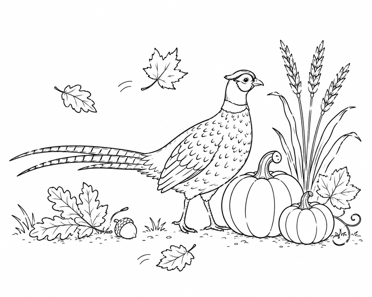 Pheasant embroidery pattern with pumpkins, acorns and autumn leaves