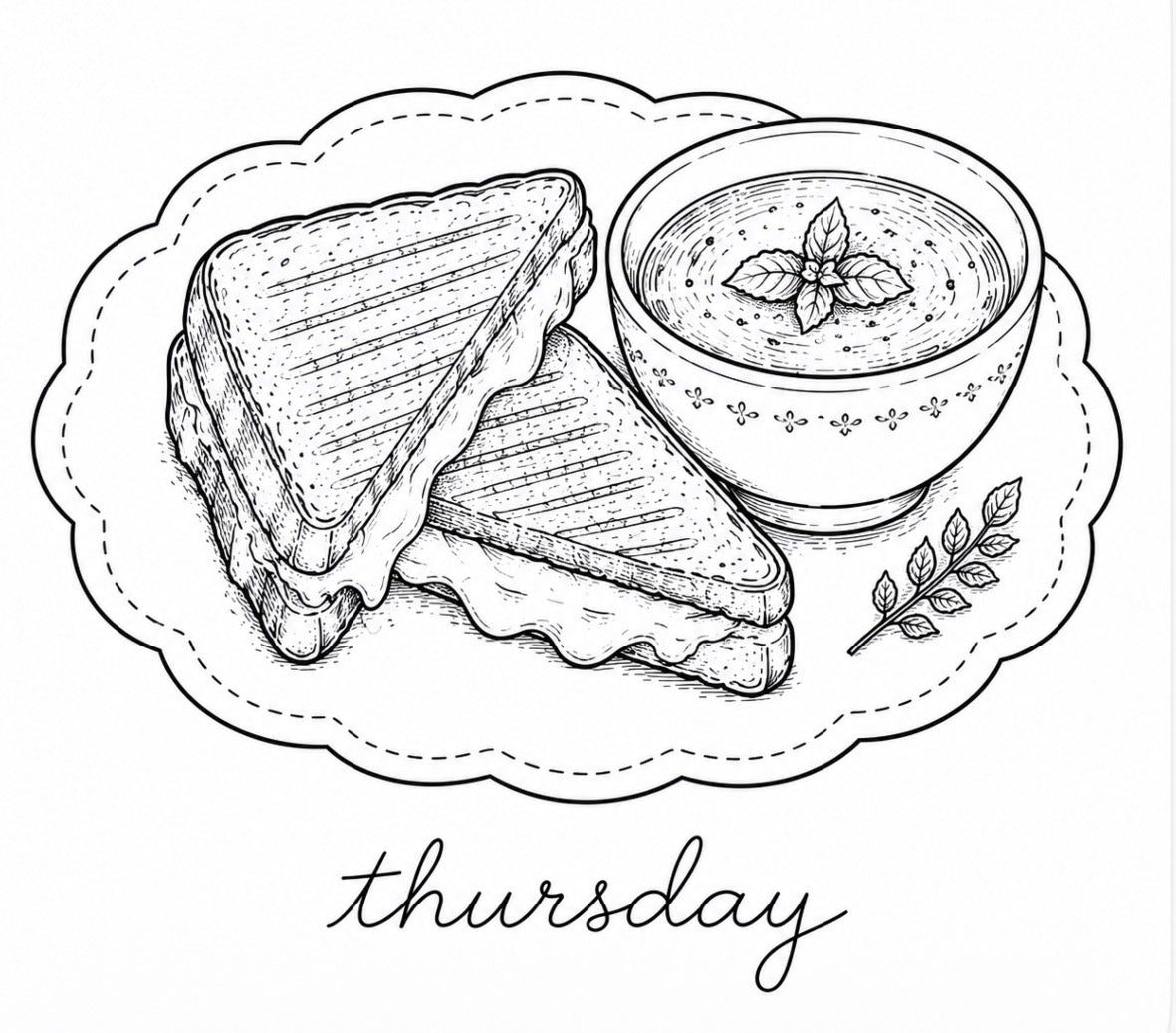 Thursday Toastie hand embroidery pattern with grilled cheese sandwich and tomato soup